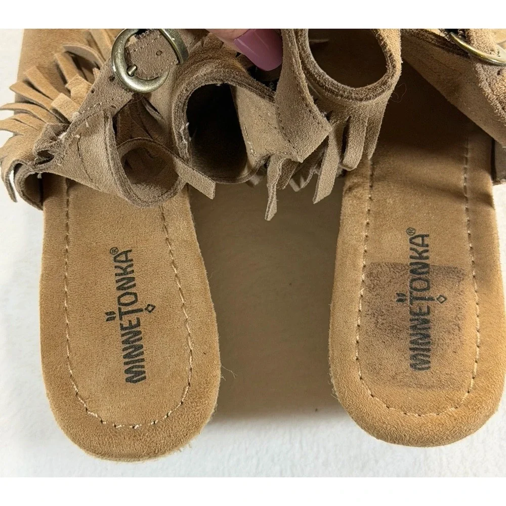 Minnetonka 9 Espadrille Wedge Tan Fringe Suede Leather Coastal‎ Cowgirl Western